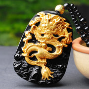 Buddha Stones 18k Gold-plated Dragon Obsidian Lucky Pendant Necklace Necklaces & Pendants BS 1