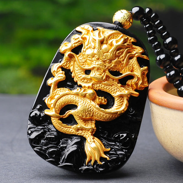 Buddha Stones 18k Gold-plated Dragon Obsidian Lucky Pendant Necklace Necklaces & Pendants BS 1