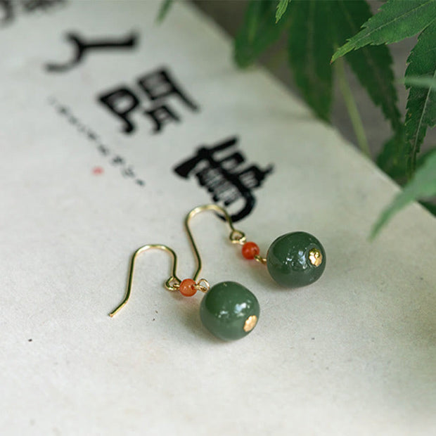 Buddha Stones 925 Sterling Silver 14K Gold Plated Hetian Jade Red Agate Luck Drop Dangle Earrings Earrings BS 14K Plated Gold Green Jade