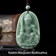 Buddha Stones Chinese Zodiac Natal Buddha Natural Jade Wealth Prosperity Necklace Pendant Necklaces & Pendants BS Rabbit-Manjushri Bodhisattva