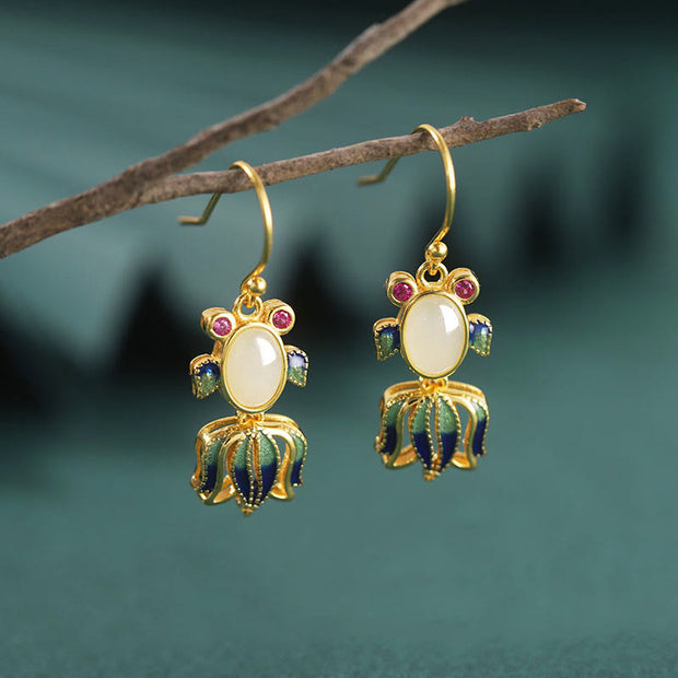 Buddha Stones 925 Sterling Silver Hetian White Jade Red Agate Cute Fish Happiness Drop Earrings Earrings BS Gold Hetian White Jade(Protection♥Happiness)