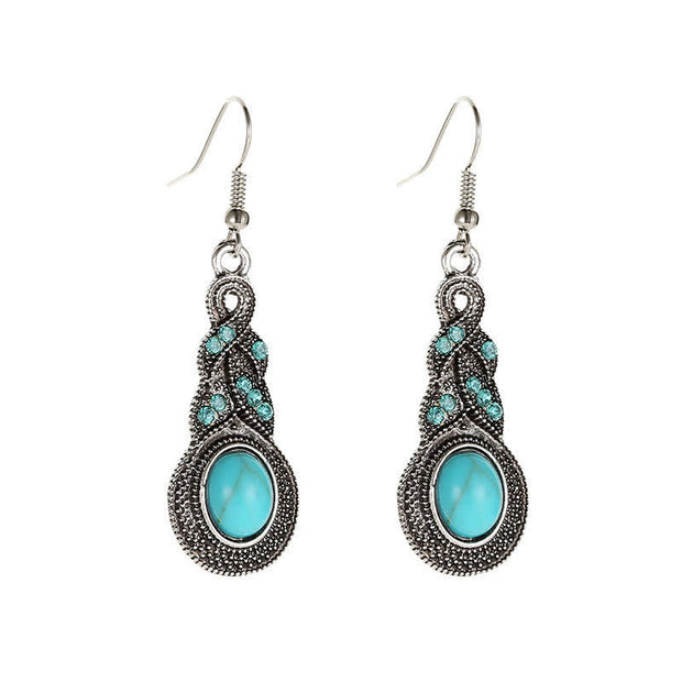 Buddha Stones Vintage Blue Rhinestones Inlaid Turquoise Stone Love Dangle Earrings Necklace Earrings BS 8