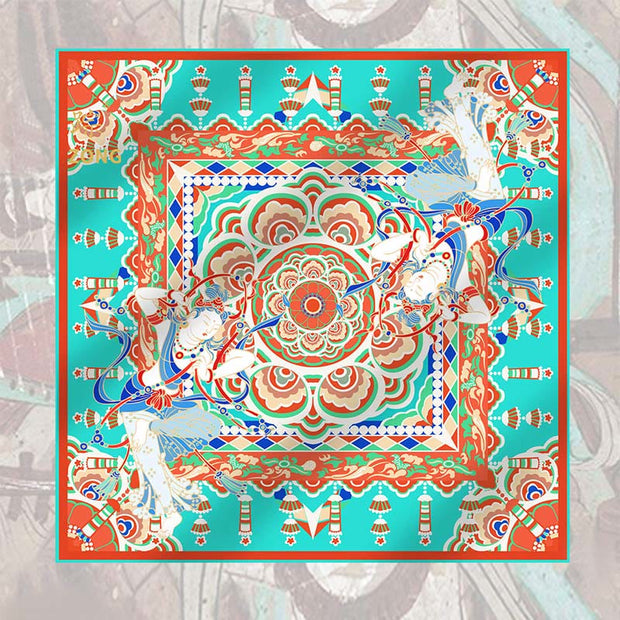 Buddha Stones Dunhuang Musician Playing Frescoes 100% Mulberry Silk Scarf Premium Grade 6A Dunhuang Silk Shawl