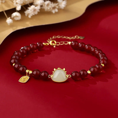 Buddha Stones 925 Sterling Silver Year of the Dragon Natural Red Agate Hetian Jade Dragon Good Luck Protection Chain Bracelet Bracelet BS Red Agate(Confidence♥Calm)(Wrist Circumference 14-19cm)