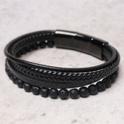 Buddha Stones Natural Lava Rock Black Onyx Bead Leather Bracelet Bracelet BS 2