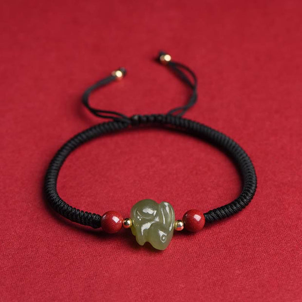 Buddha Stones Year of the Rabbit Hetian Jade Bunny Cinnabar Beaded Abundance String Bracelet Bracelet BS Black
