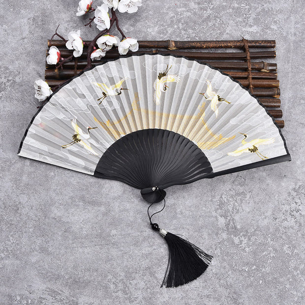 Buddha Stones Vintage Cloud Crane Pattern Handheld Bamboo Folding Fan