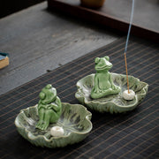 Buddha Stones Leaf Meditation Frog Pattern Healing Ceramic Incense Burner Decoration Incense Burner BS 28