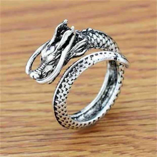 Buddha Stones Lucky Dragon Phoenix Protection Energy Adjustable Ring Ring BS Dragon(Protection♥Success) Silver