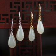 Buddha Stones Hetian White Jade Water Drop Luck Blessing Dangle Earrings Earrings BS 15