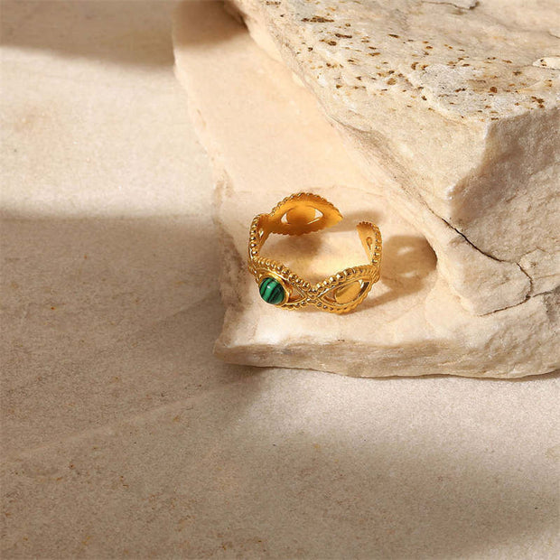 Buddha Stones 18K Gold Malachite Bead Anti-Anxiety Protection Ring Ring BS 4