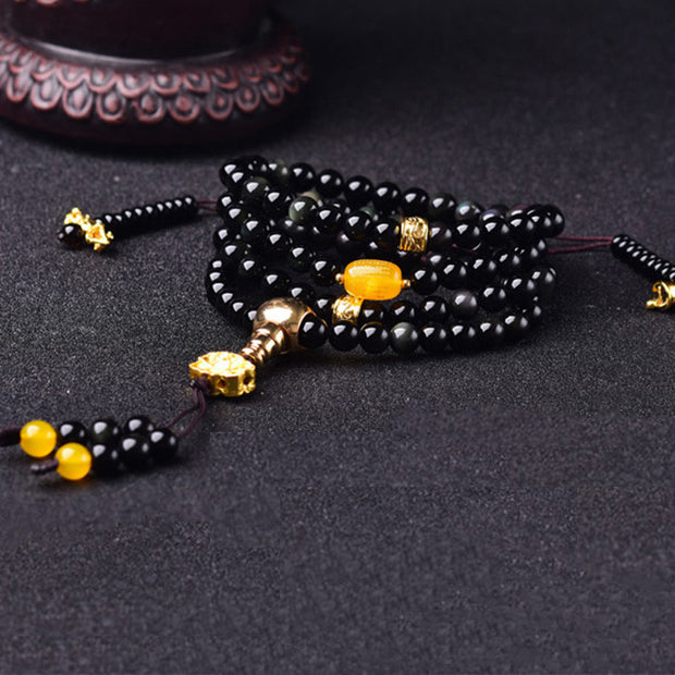 Buddha Stones 108 Beads Natural Black Obsidian Lotus Fulfilment Mala Bracelet Bracelet Mala BS 5
