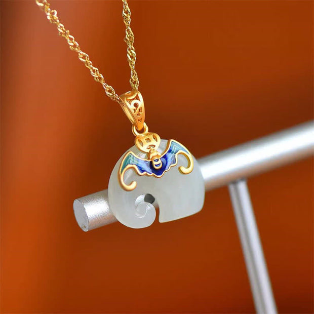 Buddha Stones 925 Sterling Silver Hetian White Jade Elephant Success Necklace Pendant Necklaces & Pendants BS Hetian White Jade(Protection♥Happiness)
