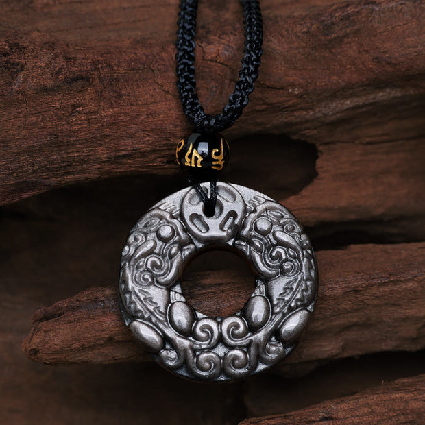 Buddha Stones Natural Silver Sheen Obsidian Double PiXiu Copper Coin Peace Buckle Protection Necklace Pendant Necklaces & Pendants BS Silver Sheen Obsidian(Communication♥Soothing)
