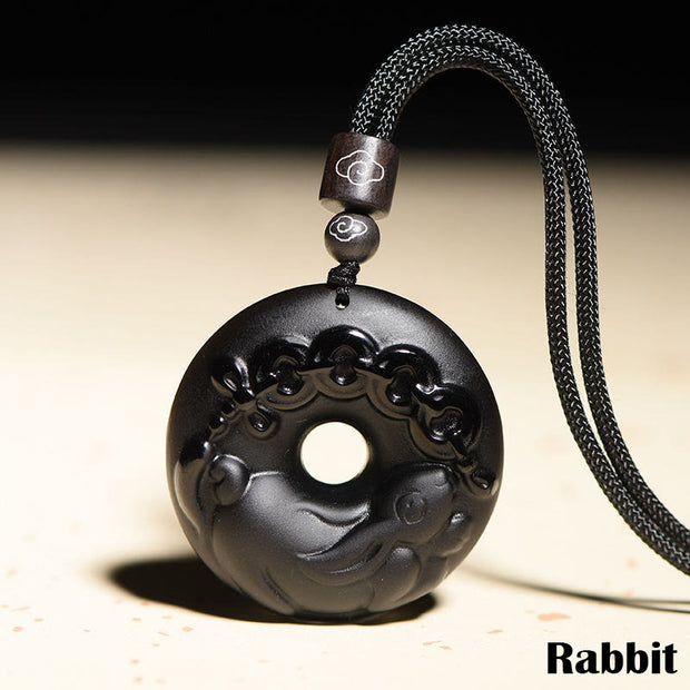 Buddha Stones Chinese Zodiac Natural Black Obsidian Peace Buckle Strength Necklace Pendant Necklaces & Pendants BS 1