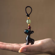 Buddha Stones Green Sandalwood Ebony Wood Mini Deer Positive Peace Buckle Key Chain Phone Hanging Decoration