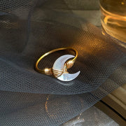 Buddha Stones Natural Tridacna Stone Moon 14K Gold Blessing Ring Ring BS 5