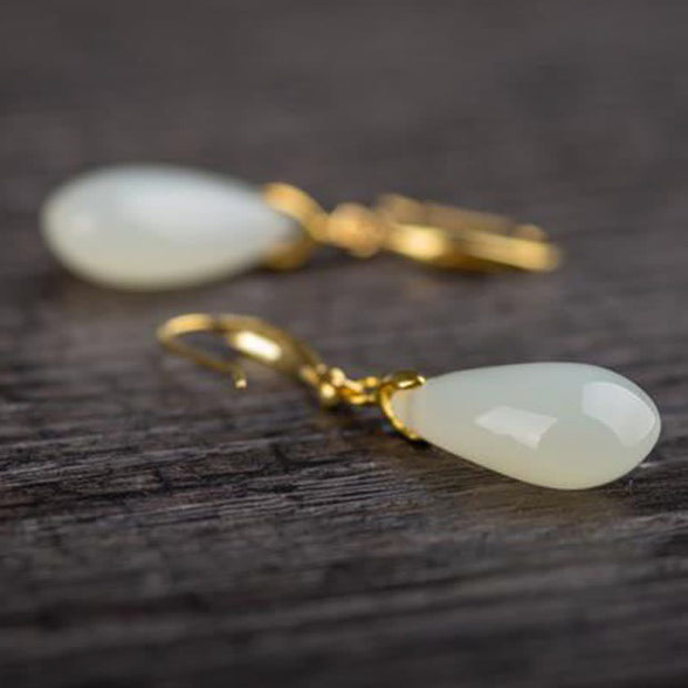 Buddha Stones Hetian White Jade Water Drop Luck Blessing Dangle Earrings Earrings BS 12