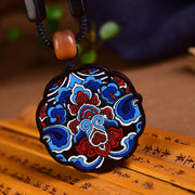 Buddha Stones Hand-painted Auspicious Clouds Ebony Wood Fu Character Peace Necklace Pendant