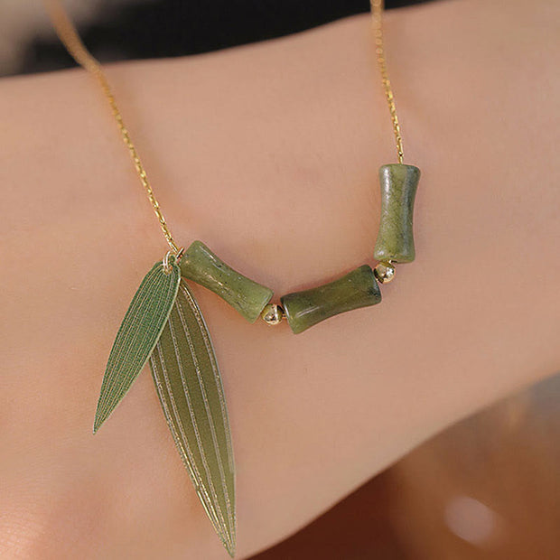 Buddha Stones Bamboo Leaf Jade Design Wealth Necklace Pendant Necklaces & Pendants BS 3