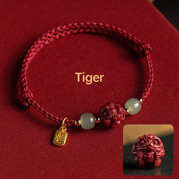 Buddha Stones Natural Cinnabar Chinese Zodiac Hetian Jade Fu Character Luck Rope Bracelet Bracelet BS Tiger(Wrist Circumference 14-18cm)