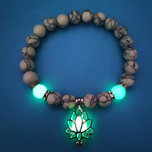 Buddha Stones Tibetan Turquoise Glowstone Luminous Bead Lotus Protection Bracelet Bracelet BS White Turquoise&Green Glowstone