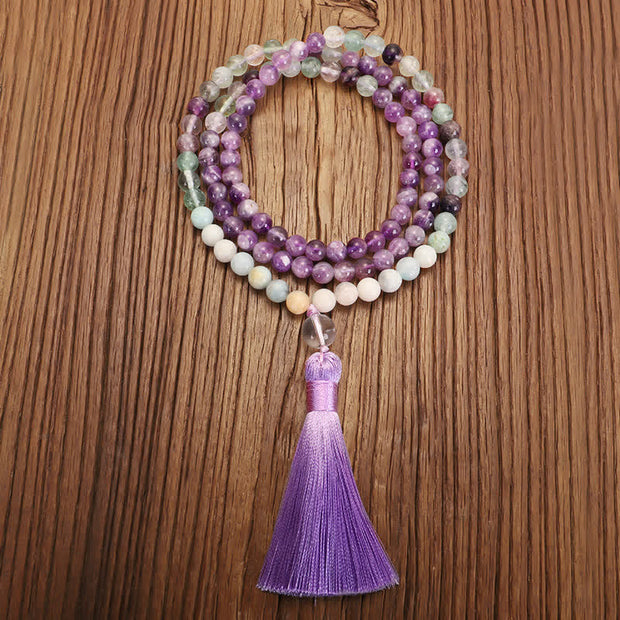 108 Mala Beads Amethyst Fluorite Amazonite Spiritual Positive Tassel Bracelet Mala Bracelet BS 5