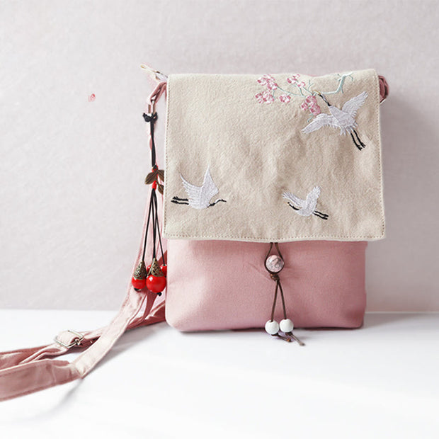 Buddha Stones Handmade Embroidered Plum Flowers Canvas Crossbody Bag Shoulder Bag Handbag Crossbody Bag BS Light Pink Crane 20*23cm