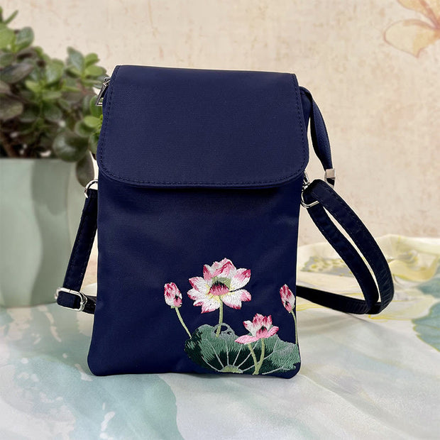 Buddha Stones Waterproof Handmade Embroidered Lotus Flowers Crossbody Bag Shoulder Bag Cellphone Bag Bag BS 2
