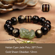Buddha Stones Natural Gold Sheen Obsidian Hetian Cyan Jade White Jade PiXiu Wealth Bracelet Bracelet BS Gold Sheen Obsidian Cyan Jade Pixiu-12mm(Men)