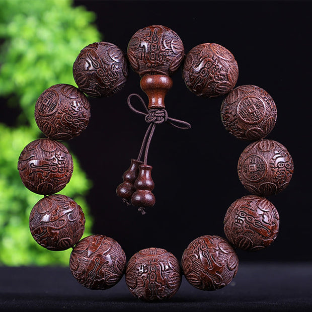Buddha Stones Chinese Zodiac Rosewood Ebony Boxwood Copper Coin PiXiu Carved Warmth Bracelet Bracelet BS Red Sandalwood Copper Coin