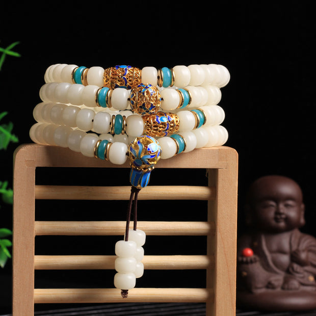 Buddha Stones Natural White Bodhi Seed Mala 108 Beads Wealth Bracelet Bracelet BS 1