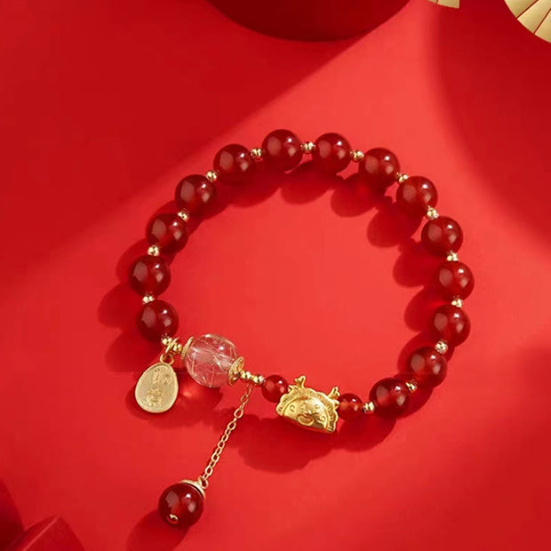 Buddha Stones Year of the Dragon Dumpling Natural Red Agate Garnet Hetian Jade Fu Character Luck Success Bracelet Bracelet BS 2