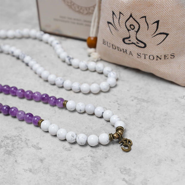Buddha Stones 108 Mala Beads Amethyst White Turquoise OM Healing Meditation Energy Bracelet