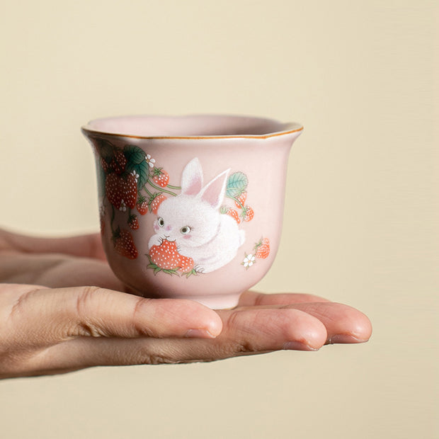 Buddha Stones Cute Strawberry Rabbit Flower Ceramic Teacup Kung Fu Tea Cup 55ml