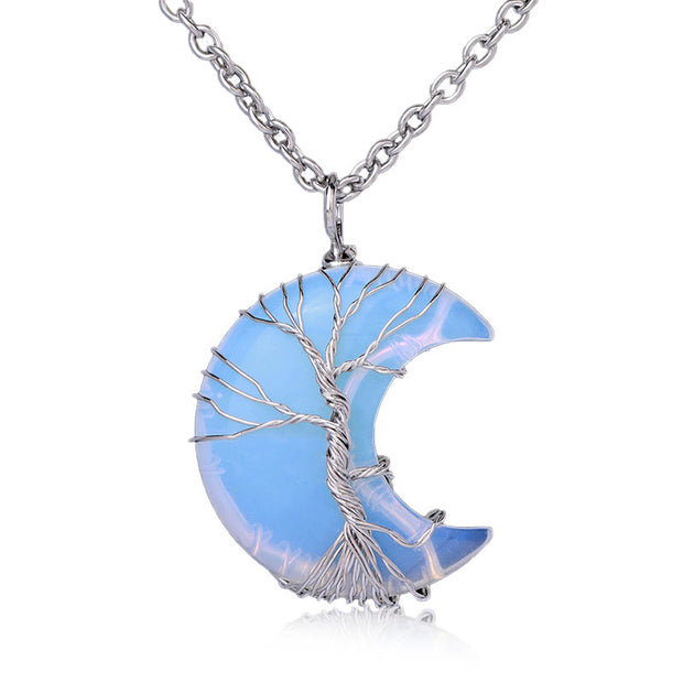 Buddha Stones Natural Quartz Crystal Moon Tree Of Life Healing Energy Necklace Pendant Necklaces & Pendants BS Opal