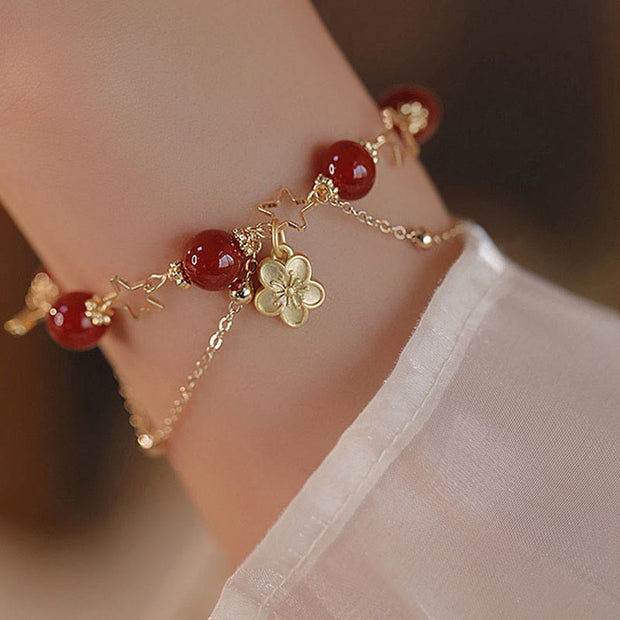 Buddha Stones 14k Gold Plated Red Agate Star Flower Charm Calm Bracelet Bracelet BS 3