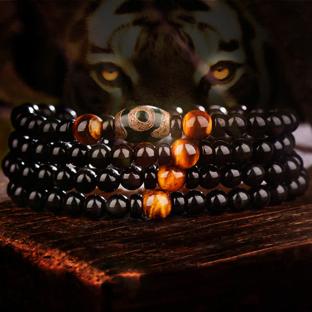 Buddha Stones 108 Beads Black Obsidian Dzi Bead Tiger Eye Agate Healing Mala Bracelet Bracelet BS 1