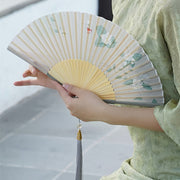 Buddha Stones Jasmine Flowers Handheld Silk Bamboo Folding Fan