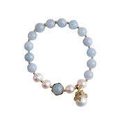 Buddha Stones Aquamarine Pearl Peace Healing Lucky Cat Charm Bracelet Bracelet BS 6