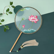 Buddha Stones Lotus Flowers White Crane Auspicious Clouds Double-sided Embroidered Handheld Silk Fan