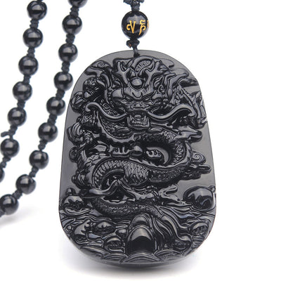 Buddha Stones Black Obsidian Stone Dragon Fulfilment Pendant Necklace Necklaces & Pendants BS Obsidian