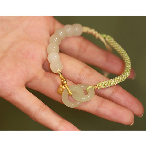 Buddha Stones Natural Hetian Jade Bead Double Peace Buckle Fu Character Abundance Braided Bracelet Bracelet BS 17