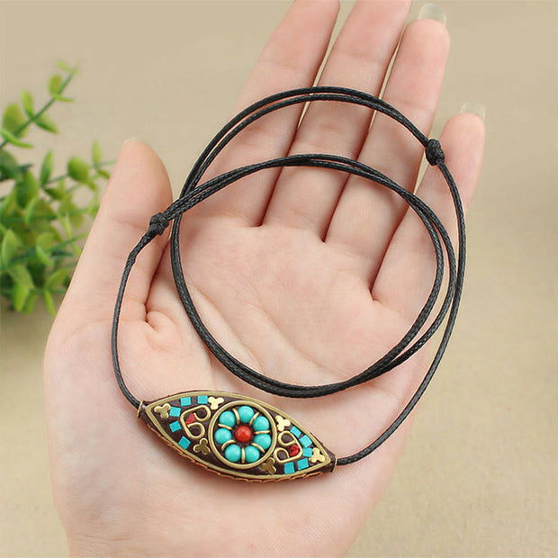 Buddha Stones Tibet Turquoise Bead Marquise Pattern Protection Strength Necklace Pendant
