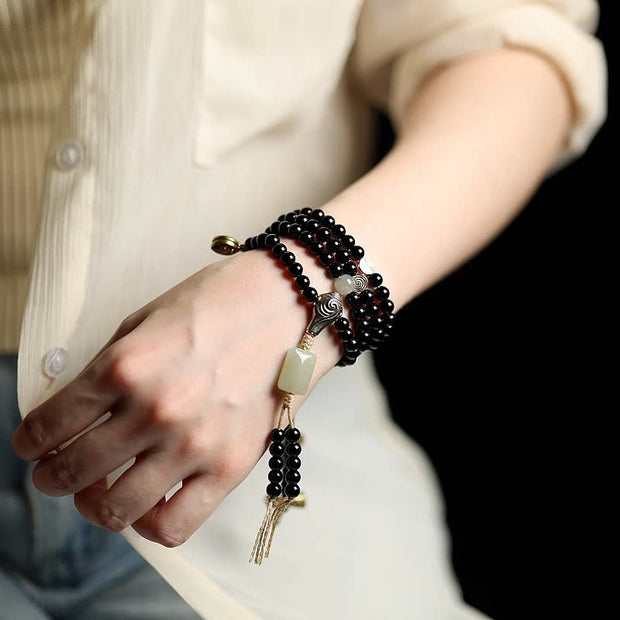 Buddha Stones Tibetan Black Onyx Hetian Jade 108 Mala Beads Fortune Bracelet Mala Bracelet BS 6