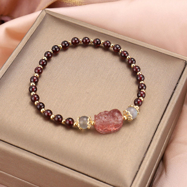 Buddha Stones Natural Tourmaline Garnet Strawberry Quartz PiXiu Moonstone Protection Bracelet Bracelet BS 6