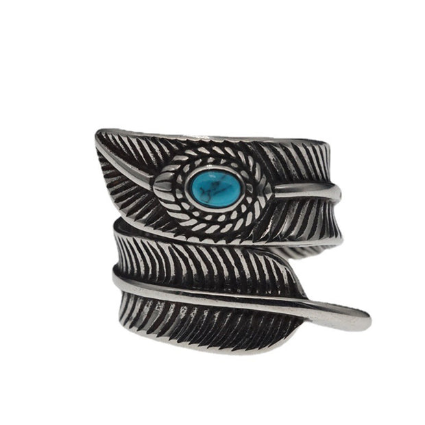 Buddha Stones Turquoise Titanium Steel Feather Wisdom Protection Ring Ring BS 8