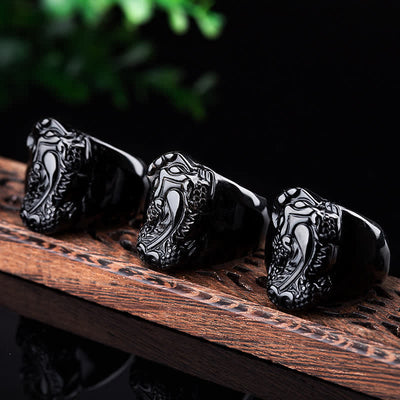 Buddha Stones FengShui PiXiu Black Obsidian Strength Ring Ring BS 21mm