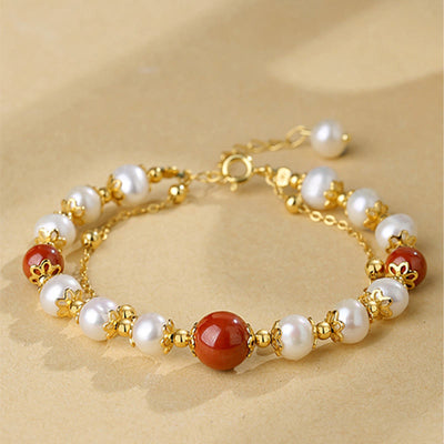 Buddha Stones 925 Sterling Silver Pearl Cinnabar Wisdom Bead Double Layer Chain Bracelet