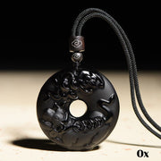 Buddha Stones Chinese Zodiac Natural Black Obsidian Peace Buckle Strength Necklace Pendant